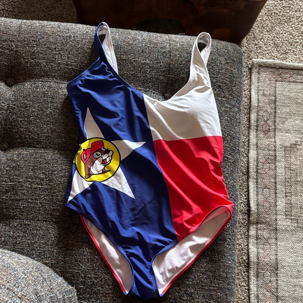 Buc-ee’s One Piece Swimsuit - Blue, Red, and White Lg EUC